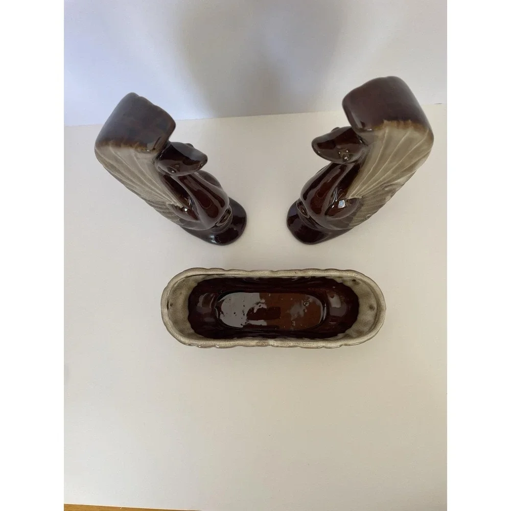 Vintage Swan Planter Set Rockingham Brown‎ Drip Glaze Console Mid Century W Box